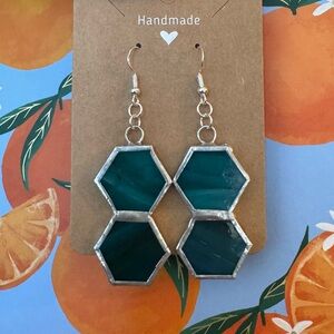 Handmade Imperfect Blue Stained Glass Hexagon Earrings